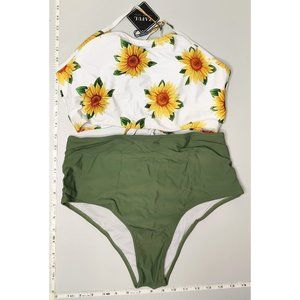 NWT ZAFUL Large Tankini High Waist Sunflower print Green bikini set